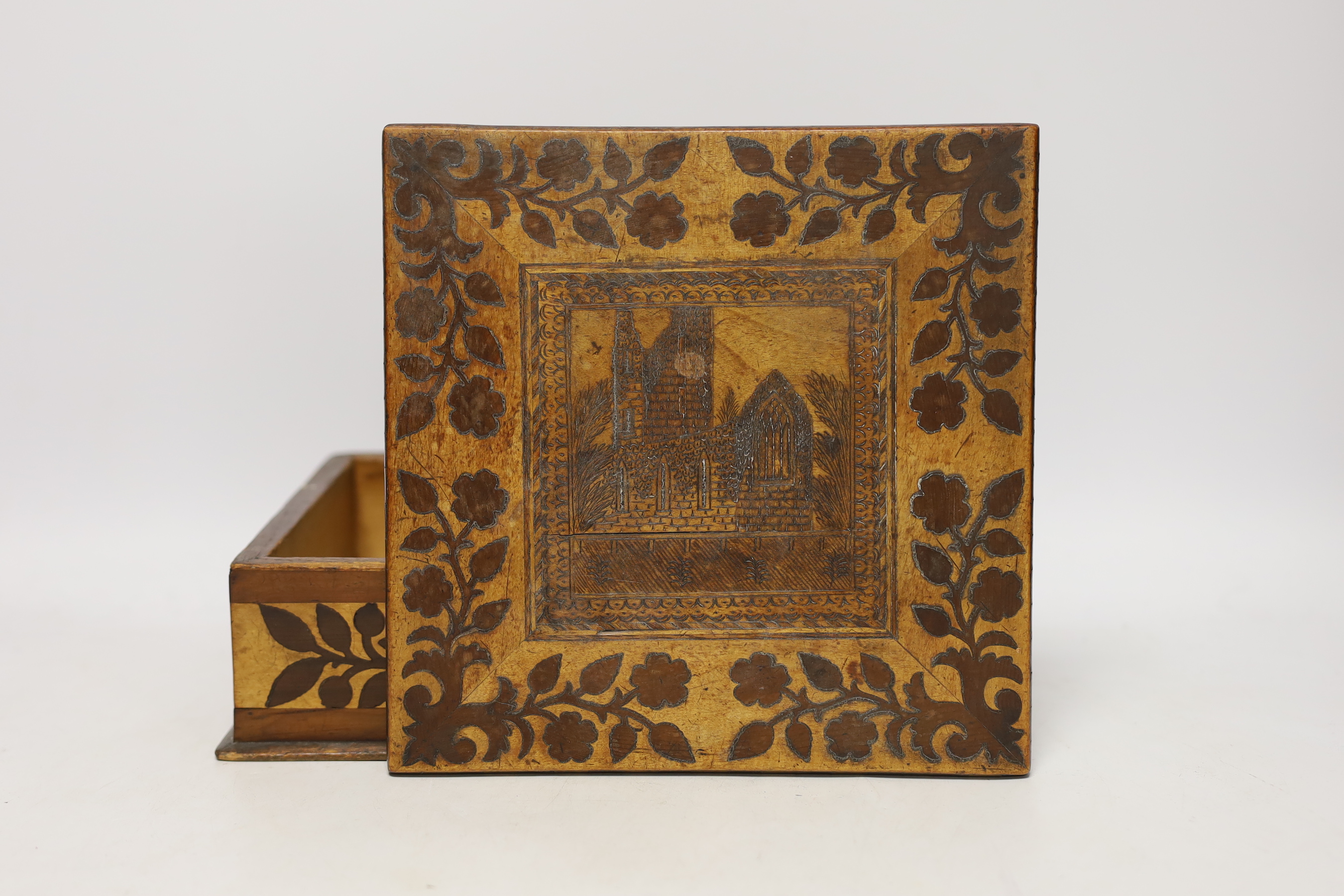 A 19th century Killarney Arbutus wood and marquetry inlaid box, decorated with Muckross Abbey, 21.5cm